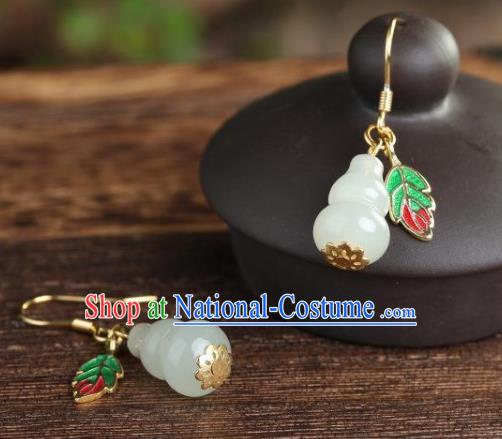 China Traditional Cloisonne Leaf Ear Jewelry Accessories National Cheongsam Jade Gourd Earrings