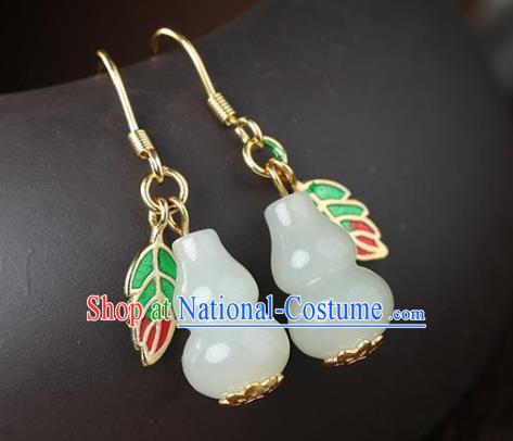 China Traditional Cloisonne Leaf Ear Jewelry Accessories National Cheongsam Jade Gourd Earrings