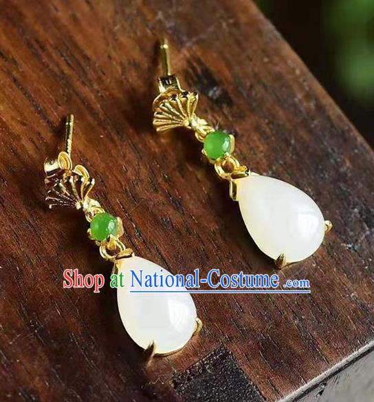 China Traditional Golden Fan Ear Jewelry Accessories National Cheongsam Jade Earrings