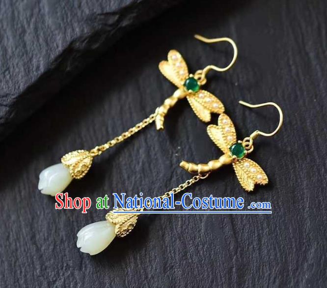 China Traditional Golden Dragonfly Ear Jewelry Accessories National Cheongsam Jade Mangnolia Earrings