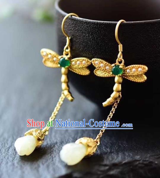 China Traditional Golden Dragonfly Ear Jewelry Accessories National Cheongsam Jade Mangnolia Earrings