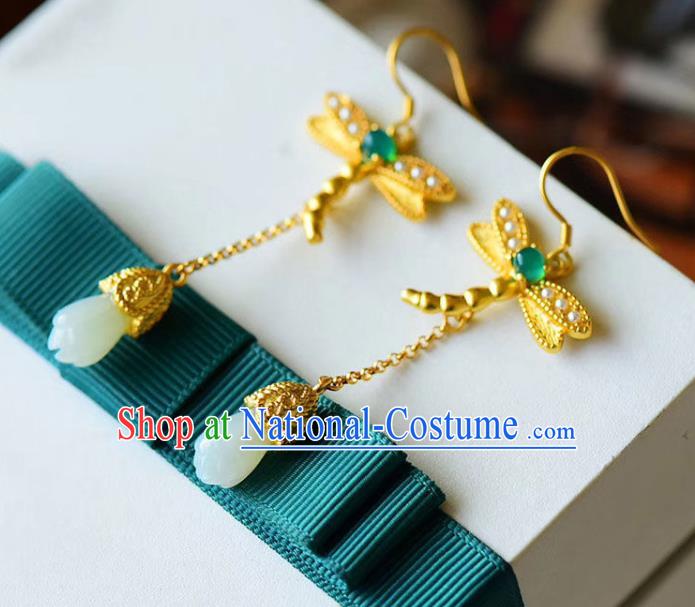 China Traditional Golden Dragonfly Ear Jewelry Accessories National Cheongsam Jade Mangnolia Earrings