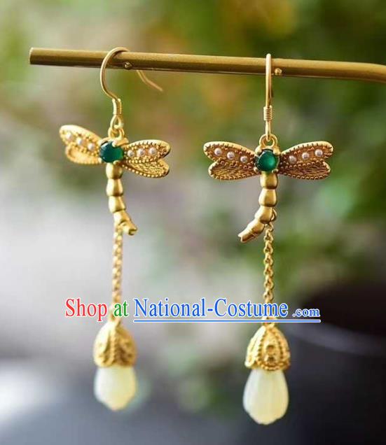 China Traditional Golden Dragonfly Ear Jewelry Accessories National Cheongsam Jade Mangnolia Earrings