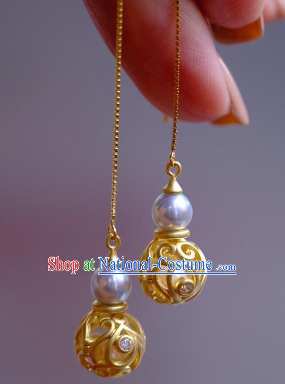 China Traditional Golden Gourd Ear Jewelry Accessories Classical Cheongsam Pearl Long Earrings