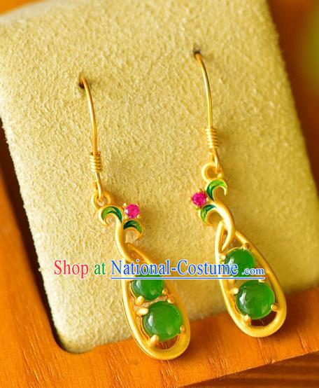 China Traditional Golden Pea Pod Ear Jewelry Accessories Classical Cheongsam Green Jade Earrings