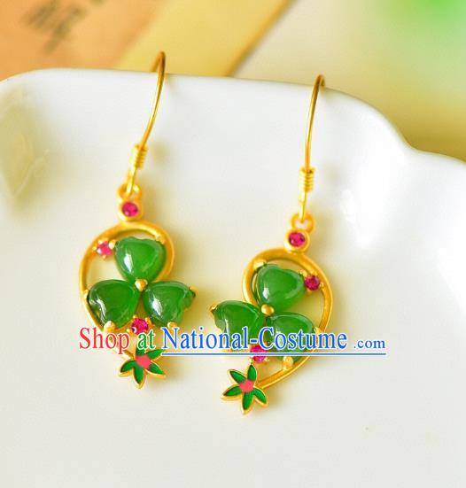 China Traditional Green Jade Ear Jewelry Accessories Classical Cheongsam Golden Earrings