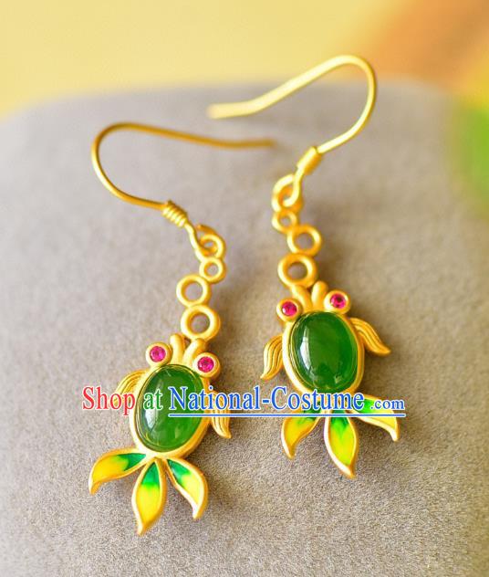 China Traditional Enamel Jade Ear Jewelry Accessories Classical Cheongsam Golden Fish Earrings