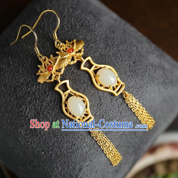 China Traditional Golden Lotus Tassel Ear Jewelry Accessories Classical Cheongsam Jade Vase Earrings