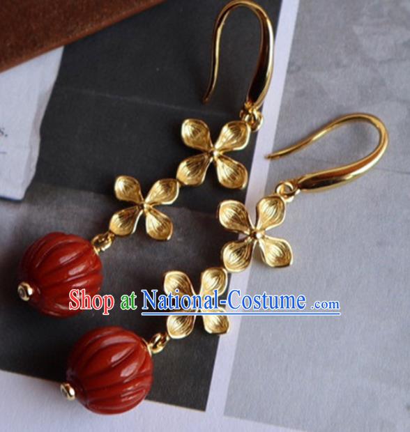 China Traditional Agate Ear Jewelry Accessories Classical Cheongsam Golden Flowers Earrings