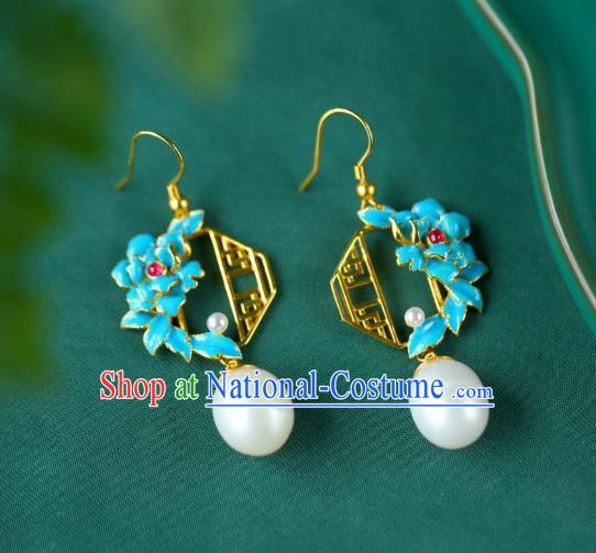 China Traditional Pearl Ear Jewelry Accessories Classical Cheongsam Blueing Peony Earrings