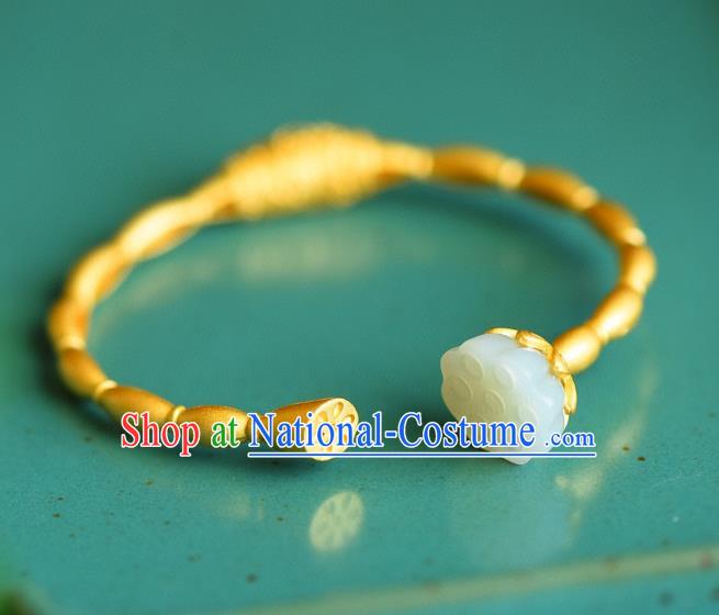 China Handmade Jade Lotus Seedpod Bracelet Accessories Traditional National Golden Bangle Jewelry