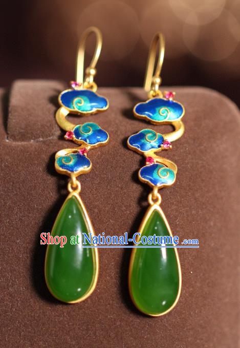 China Traditional Green Jade Ear Jewelry Accessories Classical Cheongsam Enamel Cloud Earrings