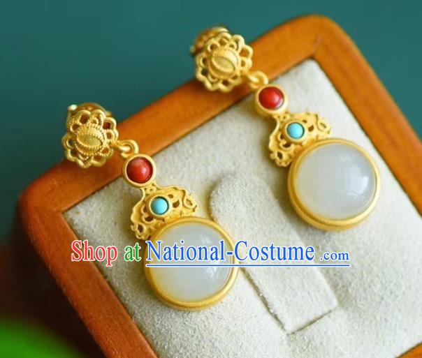 China Traditional Golden Ear Jewelry Accessories Classical Cheongsam Hetian Jade Earrings