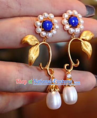 China Traditional Golden Flower Ear Jewelry Accessories Classical Cheongsam Pearls Earrings