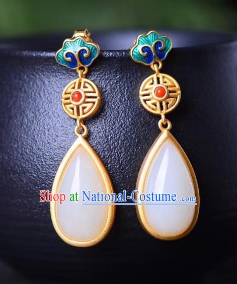 China Traditional Qing Dynasty Jade Ear Jewelry Accessories Classical Cheongsam Blueing Cloud Earrings