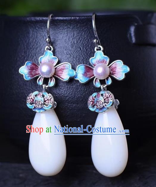 China Traditional Pearl Jade Ear Jewelry Accessories Classical Cheongsam Blueing Bat Earrings