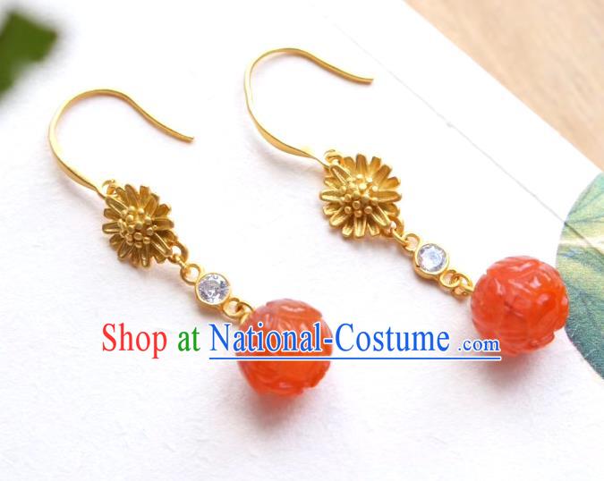 China Traditional Golden Chrysanthemum Ear Jewelry Accessories Classical Cheongsam Agate Bead Earrings