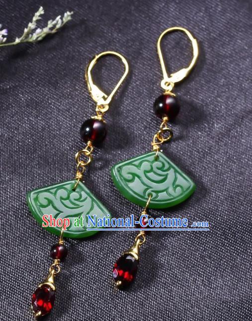 China Traditional Garnet Ear Jewelry Accessories Classical Cheongsam Jade Fan Earrings