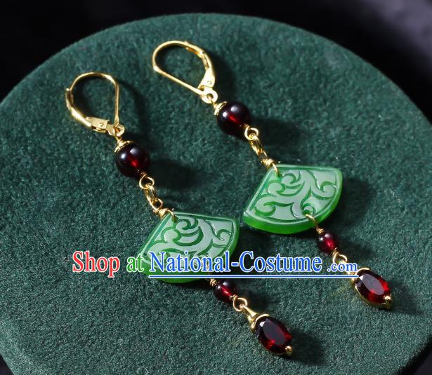 China Traditional Garnet Ear Jewelry Accessories Classical Cheongsam Jade Fan Earrings