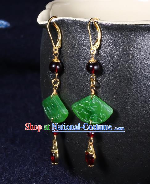 China Traditional Garnet Ear Jewelry Accessories Classical Cheongsam Jade Fan Earrings