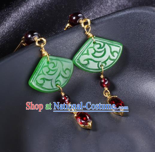 China Traditional Garnet Ear Jewelry Accessories Classical Cheongsam Jade Fan Earrings