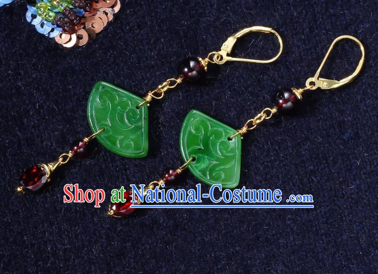 China Traditional Garnet Ear Jewelry Accessories Classical Cheongsam Jade Fan Earrings