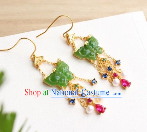 China Traditional Jade Butterfly Ear Jewelry Accessories Classical Cheongsam Crystal Tassel Earrings