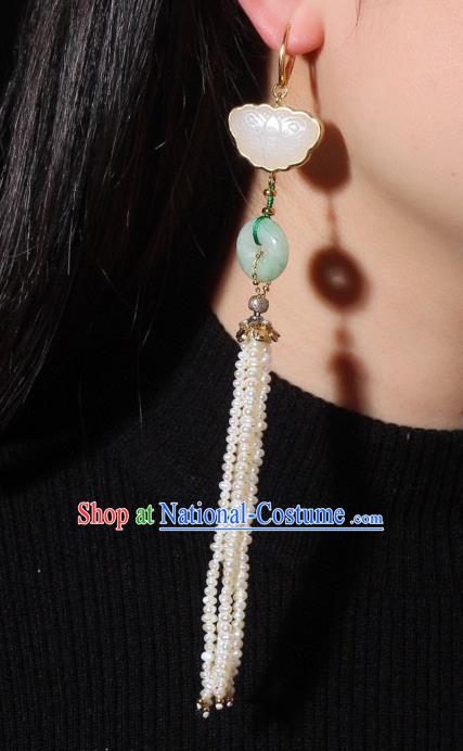 China Traditional Pearls Long Tassel Ear Jewelry Accessories Classical Cheongsam Jade Butterfly Earrings