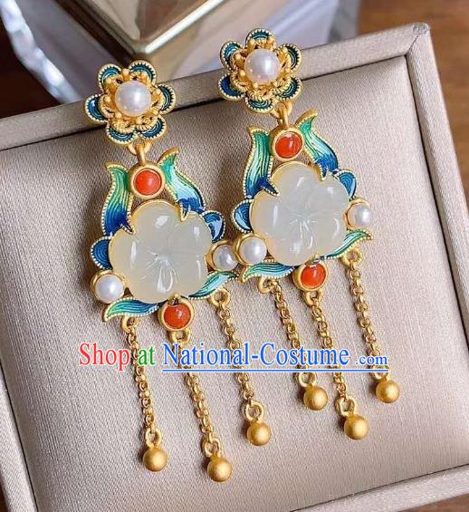 China Traditional Jade Plum Ear Jewelry Accessories Classical Cheongsam Blueing Golden Tassel Earrings