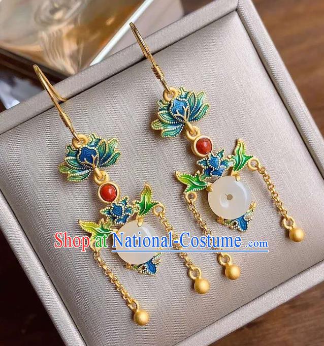 China Traditional Golden Tassel Jade Ear Jewelry Accessories Classical Cheongsam Blueing Lotus Earrings