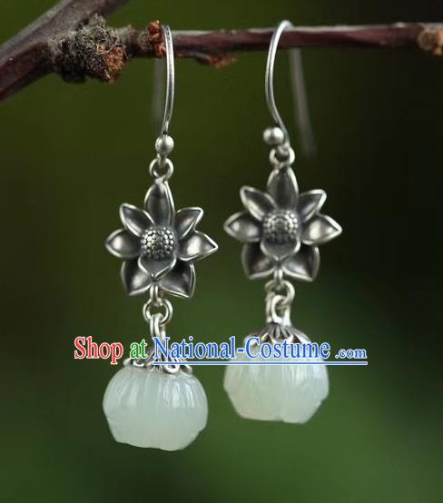 China Traditional Hetian Jade Ear Jewelry Accessories Classical Cheongsam Silver Lotus Earrings