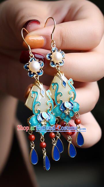 China Traditional Jade Pearl Ear Jewelry Accessories Classical Cheongsam Cloisonne Tassel Earrings