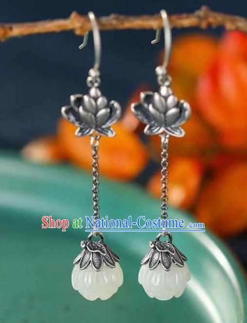 China Traditional Silver Ear Jewelry Accessories Classical Cheongsam Jade Lotus Earrings