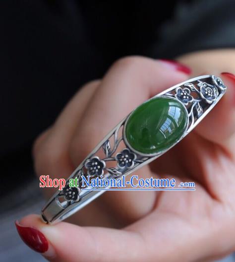 China Handmade Silver Carving Plum Bracelet Accessories Traditional National Chrysoprase Bangle Jewelry