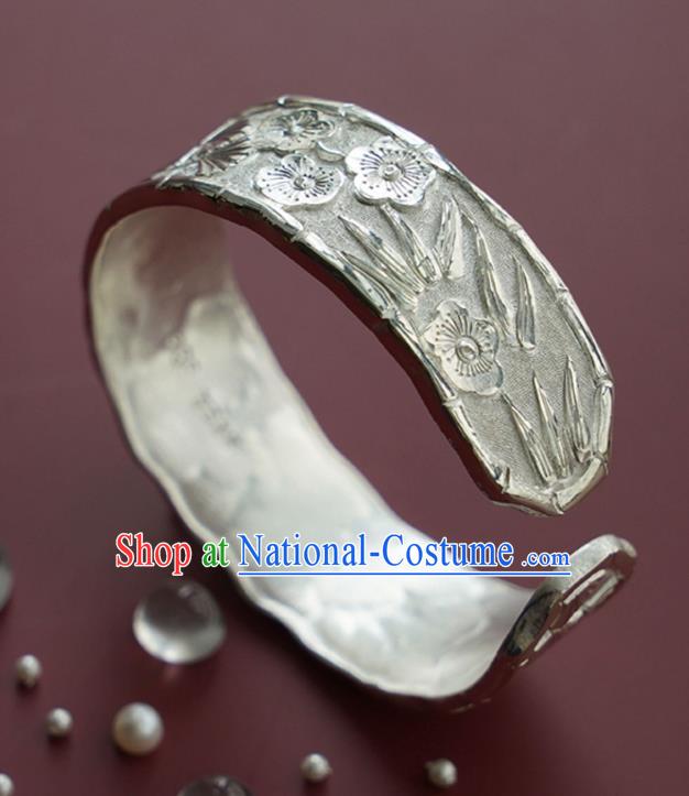 China Handmade Silver Bracelet Accessories Traditional National Carving Pine Bamboo Plum Bangle Jewelry