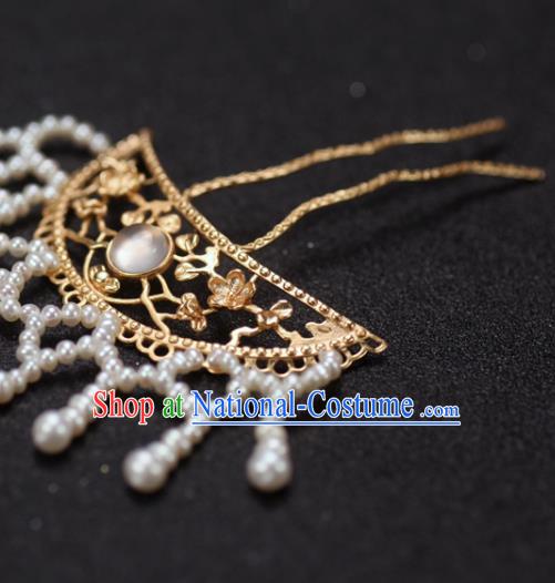 China Handmade Pearls Tassel Hairpin Traditional Ming Dynasty Hair Accessories Ancient Princess Golden Hair Stick