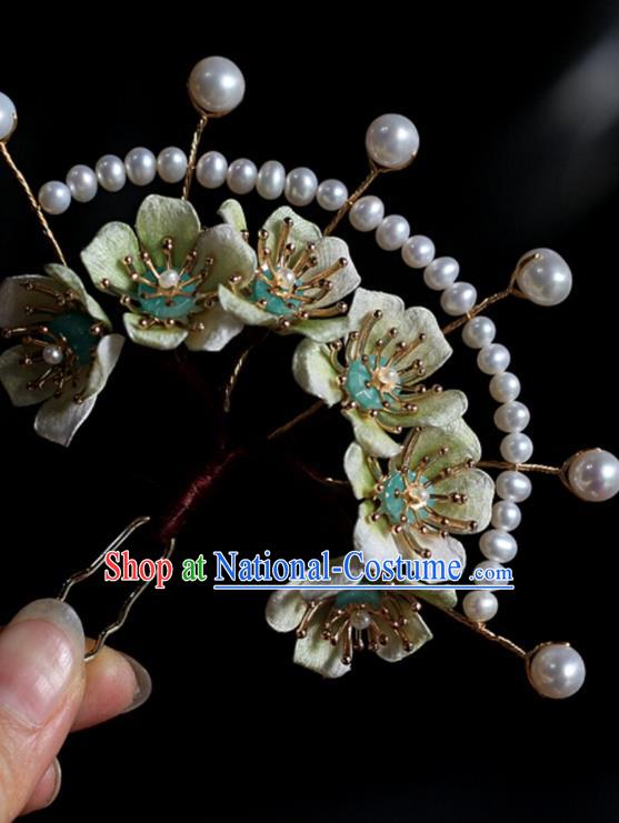 China Ancient Princess Green Flowers Hair Crown Handmade Pearls Hairpin Traditional Song Dynasty Hair Accessories