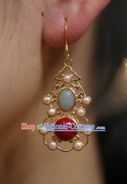 China Traditional Ming Dynasty Empress Ear Jewelry Accessories Handmade Ancient Court Pearls Gems Earrings