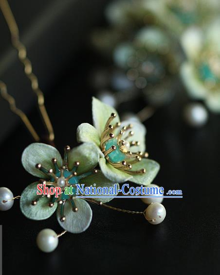 China Ancient Princess Green Silk Plum Hair Stick Traditional Ming Dynasty Hair Accessories Handmade Pearls Hairpin