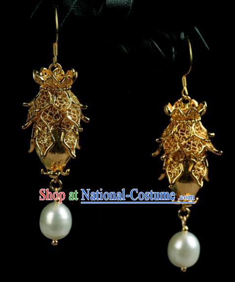 China Handmade Ancient Court Empress Golden Earrings Traditional Ming Dynasty Pearl Ear Jewelry Accessories