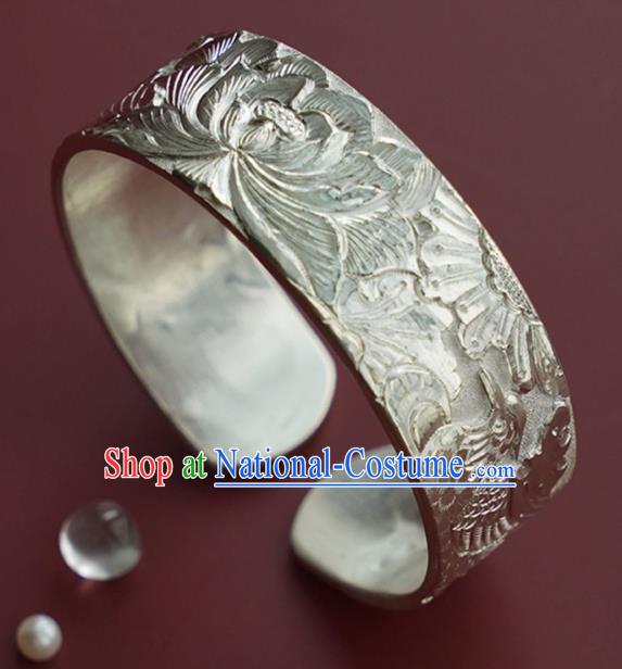 China Handmade Silver Bracelet Traditional National Carving Lotus Bangle Jewelry Accessories