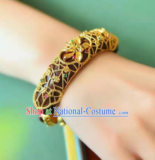 China Handmade Golden Lotus Bracelet Traditional Jewelry Accessories National Ebony Bangle