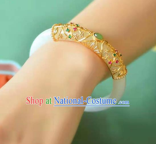 China Handmade Emerald Bracelet Traditional Jewelry Accessories National White Jade Bangle