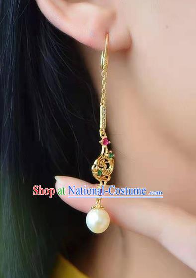 Handmade China Pearl Tassel Ear National Jewelry Accessories Traditional Cheongsam Golden Earrings