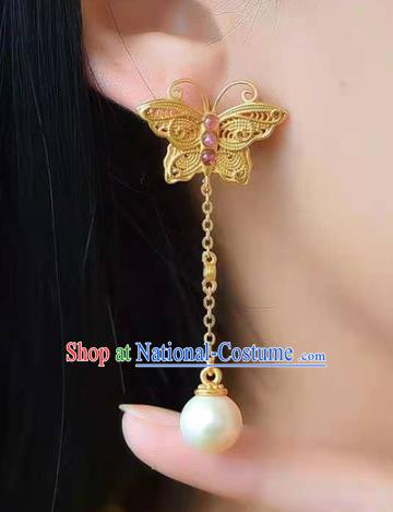 Handmade China Golden Butterfly Ear National Jewelry Accessories Traditional Cheongsam Tourmaline Pearl Earrings