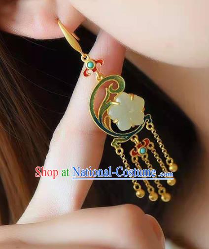 Handmade China Jade Plum Ear National Jewelry Accessories Traditional Cheongsam Golden Tassel Earrings