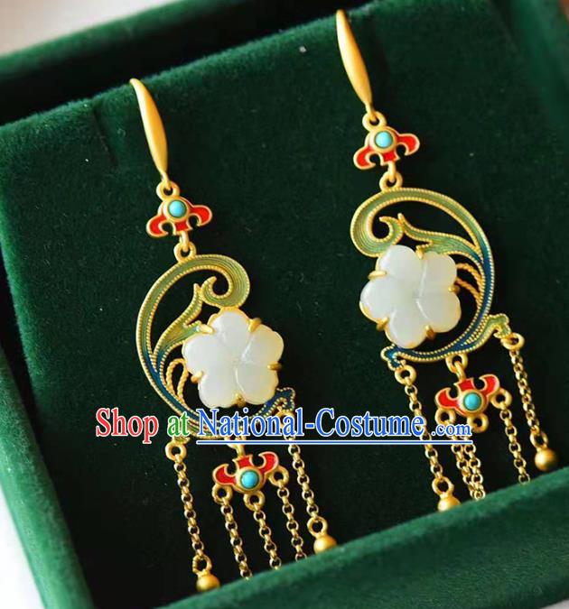 Handmade China Jade Plum Ear National Jewelry Accessories Traditional Cheongsam Golden Tassel Earrings