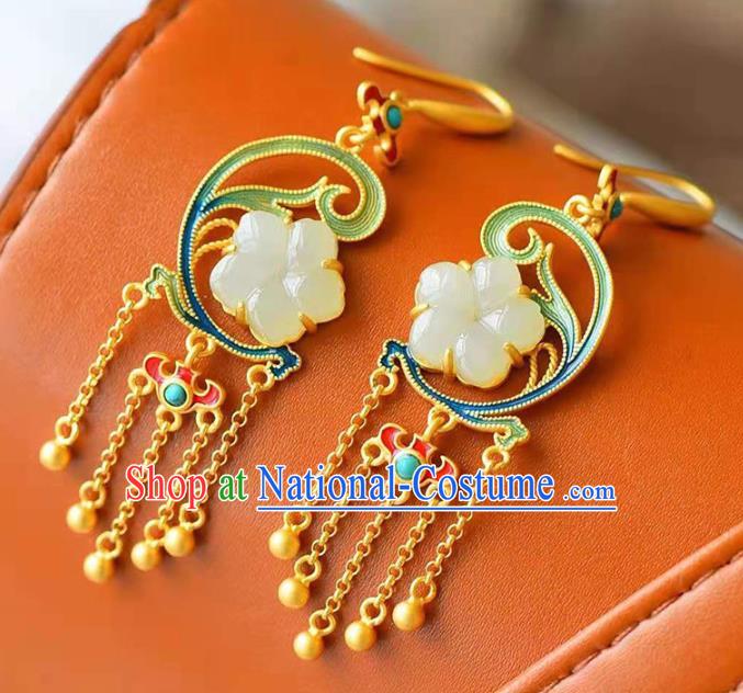 Handmade China Jade Plum Ear National Jewelry Accessories Traditional Cheongsam Golden Tassel Earrings