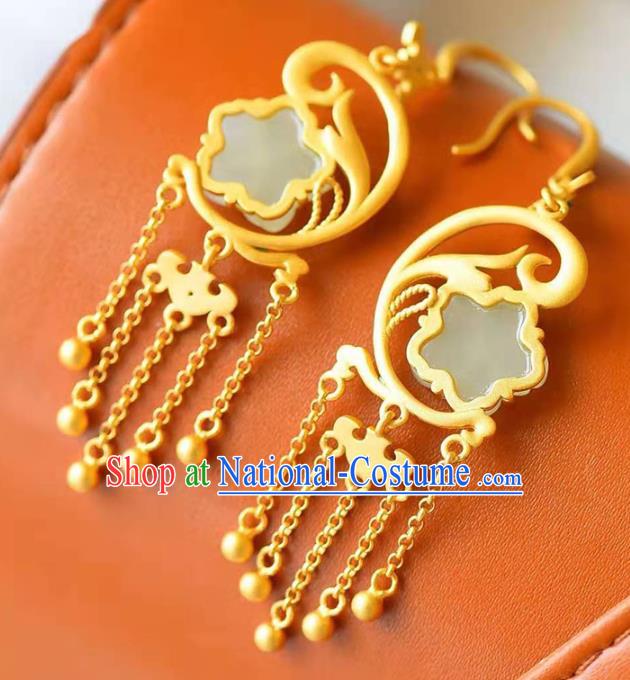 Handmade China Jade Plum Ear National Jewelry Accessories Traditional Cheongsam Golden Tassel Earrings