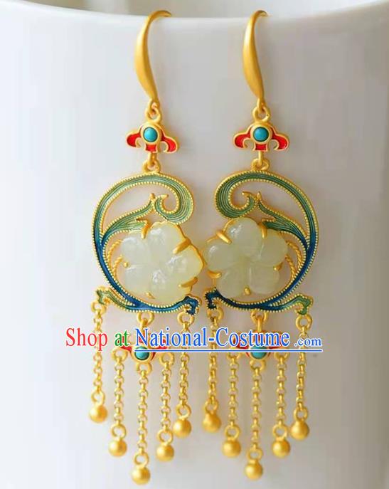 Handmade China Jade Plum Ear National Jewelry Accessories Traditional Cheongsam Golden Tassel Earrings